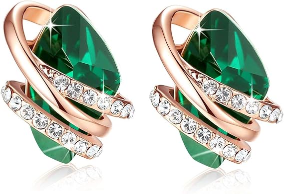 Infinity Love Heart Birthstone Earrings for Women, Crystal Stud Earrings with Healing Stones, Allergy-Free Jewelry for Women with Gift Box, Silver-tone Birthstone Crystals Earrings-05-May Birthstone-Emerald Green - Image 1