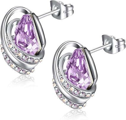 Infinity Love Heart Birthstone Earrings for Women, Crystal Stud Earrings with Healing Stones, Allergy-Free Jewelry for Women with Gift Box, Silver-tone Birthstone Crystals Earrings-06-June Birthstone-Alexandrite Light Purple - Image 1