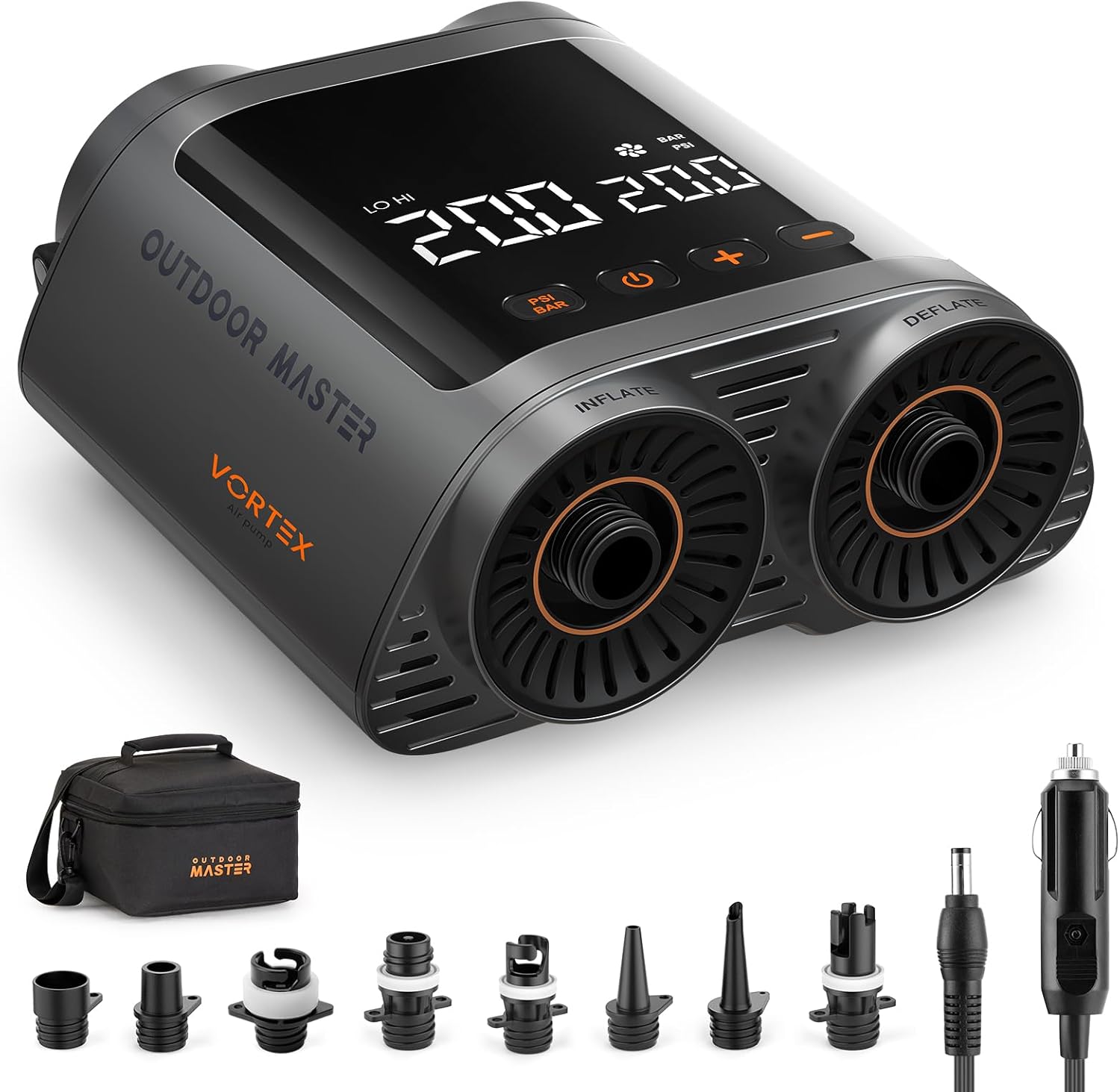 OutdoorMaster Vortex Paddle Board Pump Electric Portable, Max 20PSI SUP Air Pump Inflator & Deflator, 12V/15.8V DC Input, Auto Off & Cooling, 8 Nozzles Pump for Paddle Board, Inflatables - No Battery - Image 1
