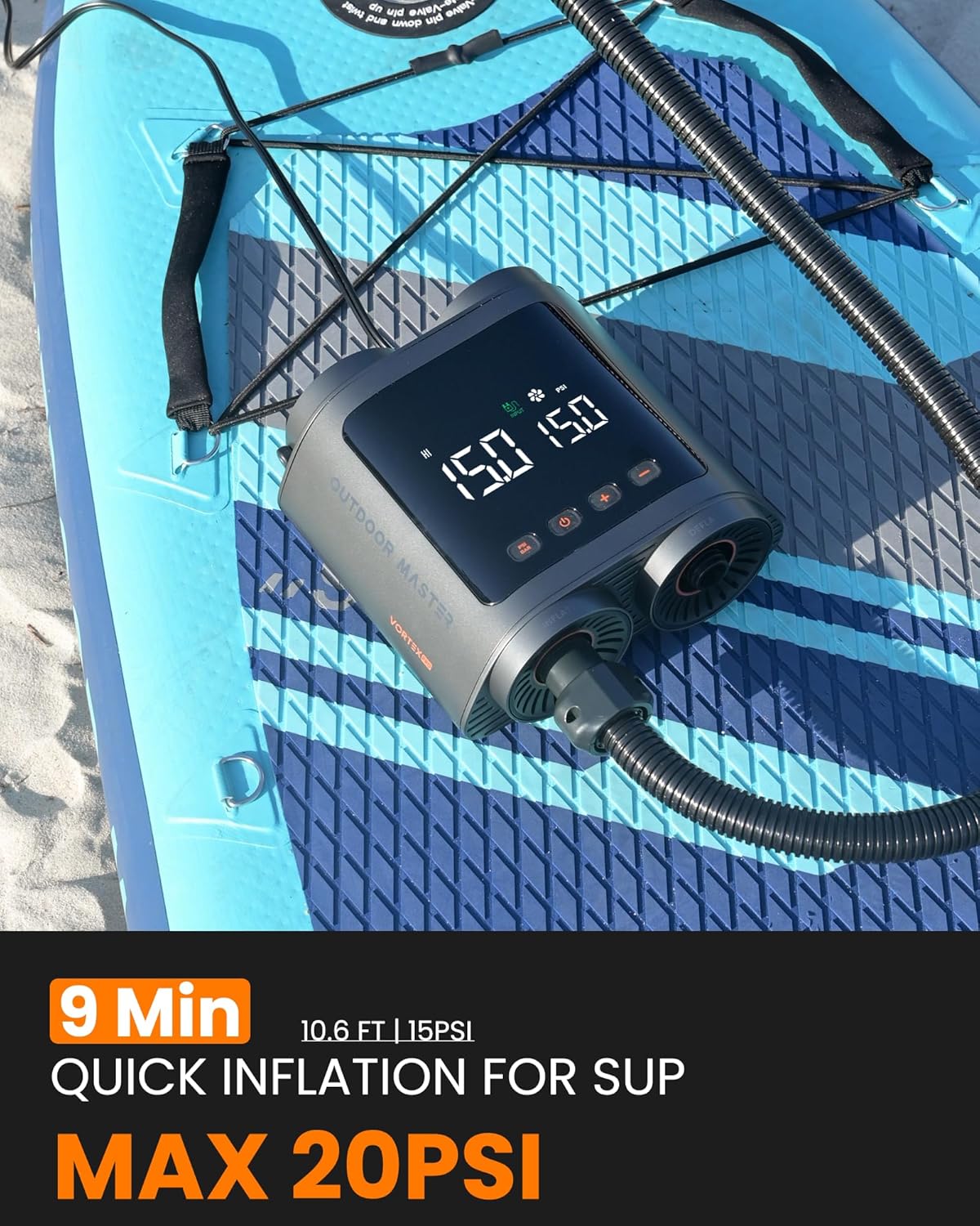OutdoorMaster Vortex Paddle Board Pump Electric Portable, Max 20PSI SUP Air Pump Inflator & Deflator, 12V/15.8V DC Input, Auto Off & Cooling, 8 Nozzles Pump for Paddle Board, Inflatables - No Battery - Image 2