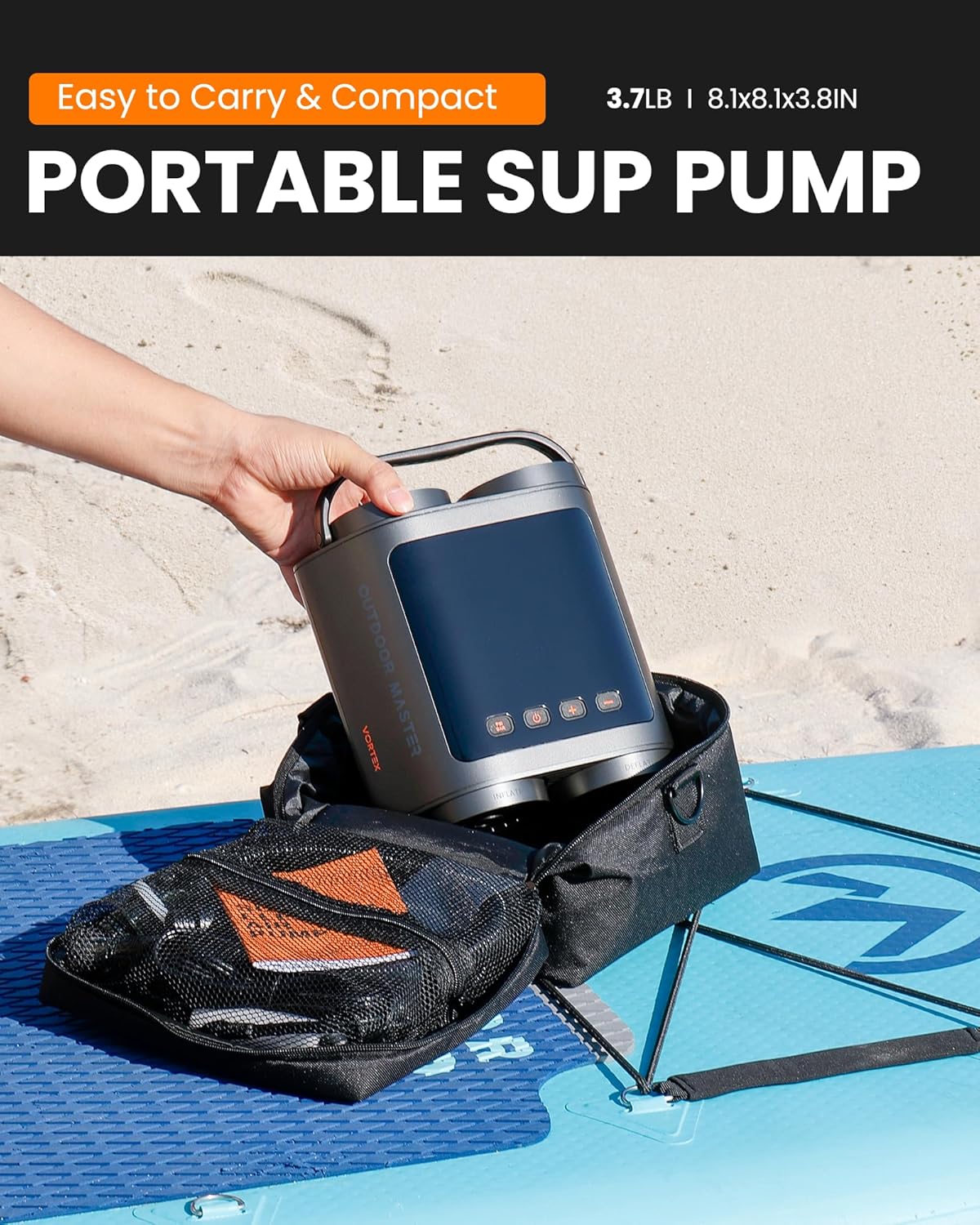 OutdoorMaster Vortex Paddle Board Pump Electric Portable, Max 20PSI SUP Air Pump Inflator & Deflator, 12V/15.8V DC Input, Auto Off & Cooling, 8 Nozzles Pump for Paddle Board, Inflatables - No Battery - Image 5