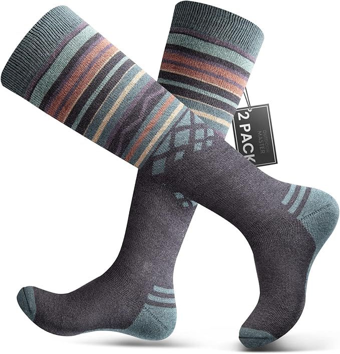 OutdoorMaster Ski Socks 2-Pack Merino Wool, Over The Calf Non-Slip Cuff for Men & Women-Gray,Medium - Image 1