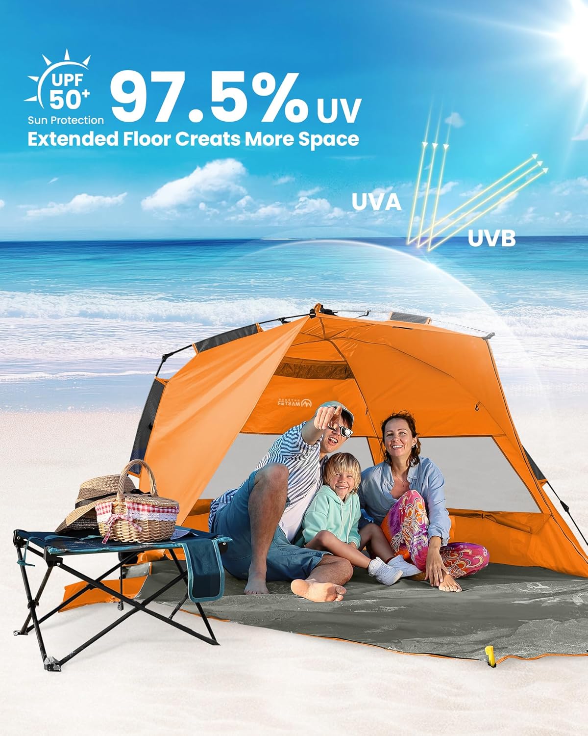 OutdoorMaster Pop Up 3-4 Person Beach Tent X-Large - Easy Setup, Portable Beach Shade Canopy Folding Sun Shelter with UPF 50+ UV Protection Removable Skylight Family Size (Orange) - Image 2
