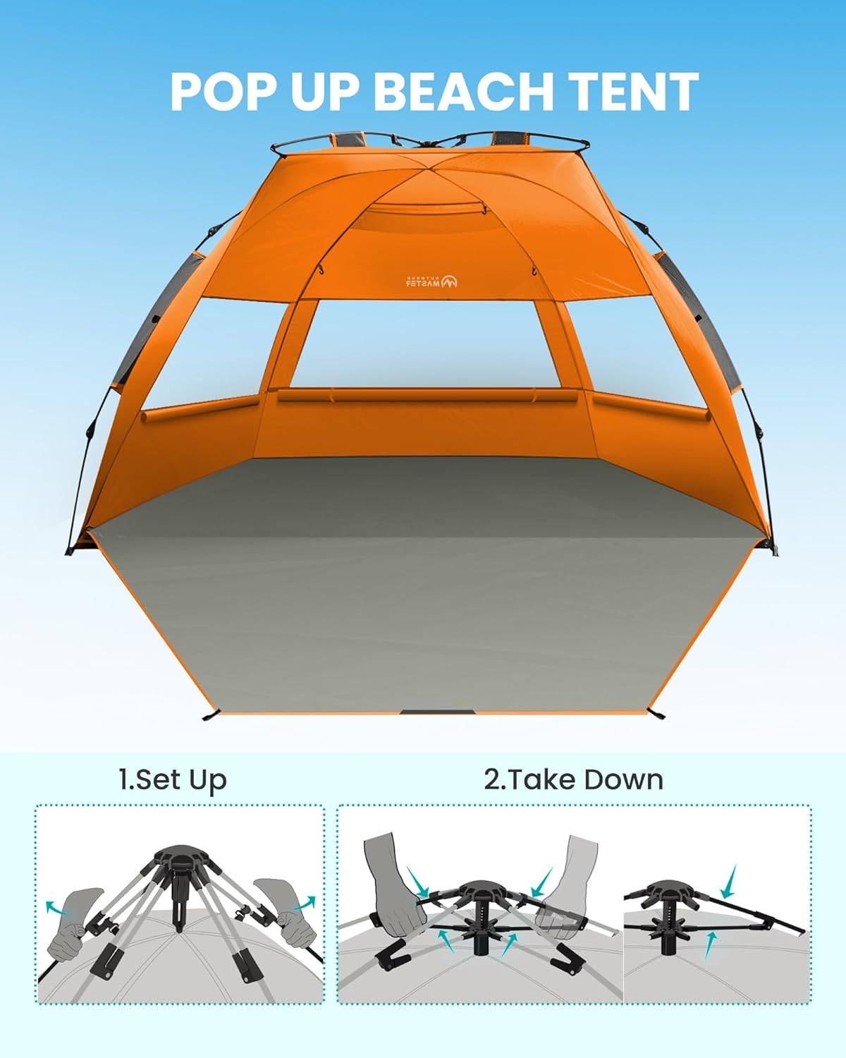 OutdoorMaster Pop Up 3-4 Person Beach Tent X-Large - Easy Setup, Portable Beach Shade Canopy Folding Sun Shelter with UPF 50+ UV Protection Removable Skylight Family Size (Orange) - Image 3