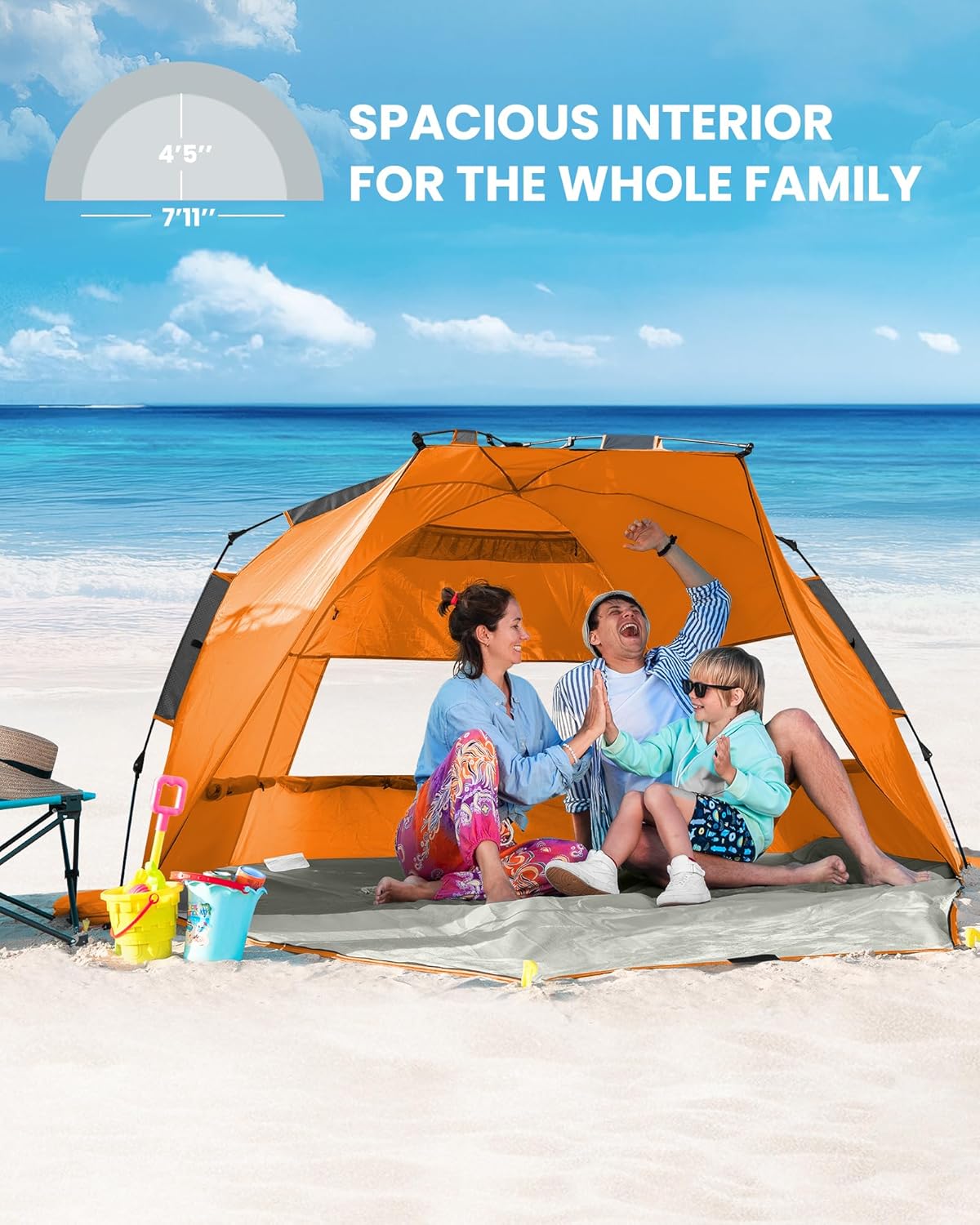 OutdoorMaster Pop Up 3-4 Person Beach Tent X-Large - Easy Setup, Portable Beach Shade Canopy Folding Sun Shelter with UPF 50+ UV Protection Removable Skylight Family Size (Orange) - Image 4