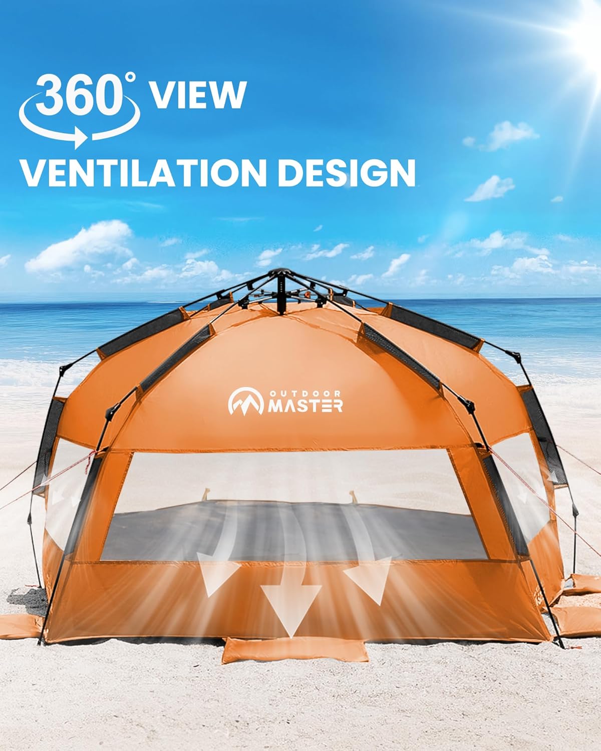OutdoorMaster Pop Up 3-4 Person Beach Tent X-Large - Easy Setup, Portable Beach Shade Canopy Folding Sun Shelter with UPF 50+ UV Protection Removable Skylight Family Size (Orange) - Image 5