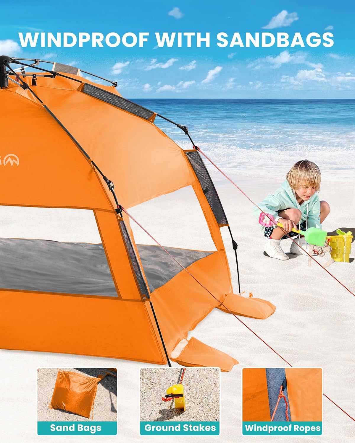OutdoorMaster Pop Up 3-4 Person Beach Tent X-Large - Easy Setup, Portable Beach Shade Canopy Folding Sun Shelter with UPF 50+ UV Protection Removable Skylight Family Size (Orange) - Image 7