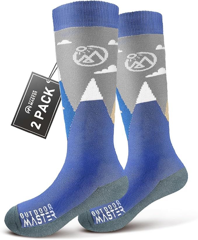 OutdoorMaster Merino Wool Ski Socks for Kids Boys & Girls Thermal Winter Warm Snowboarding Cold Weather-Blue Mountains - 2 Pack,Small - Image 1
