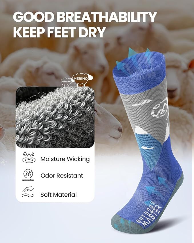 OutdoorMaster Merino Wool Ski Socks for Kids Boys & Girls Thermal Winter Warm Snowboarding Cold Weather-Blue Mountains - 2 Pack,Small - Image 4