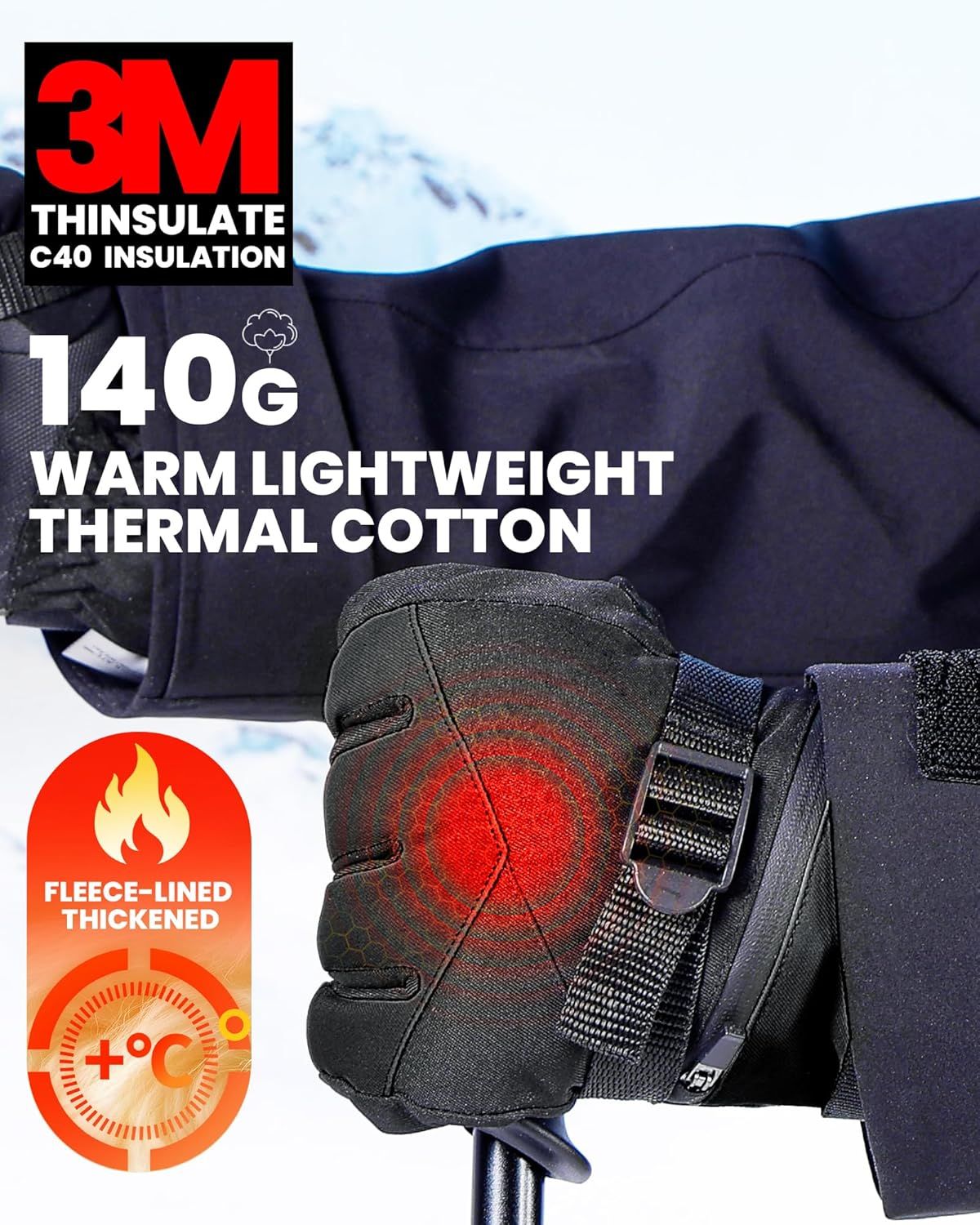 OutdoorMaster Ski Snow Gloves for Women & Men - 3M Thinsulate Waterproof Snowboard Winter Warm Windproof Snowmobile Gloves with Double-Pocket-Black,Large - Image 2