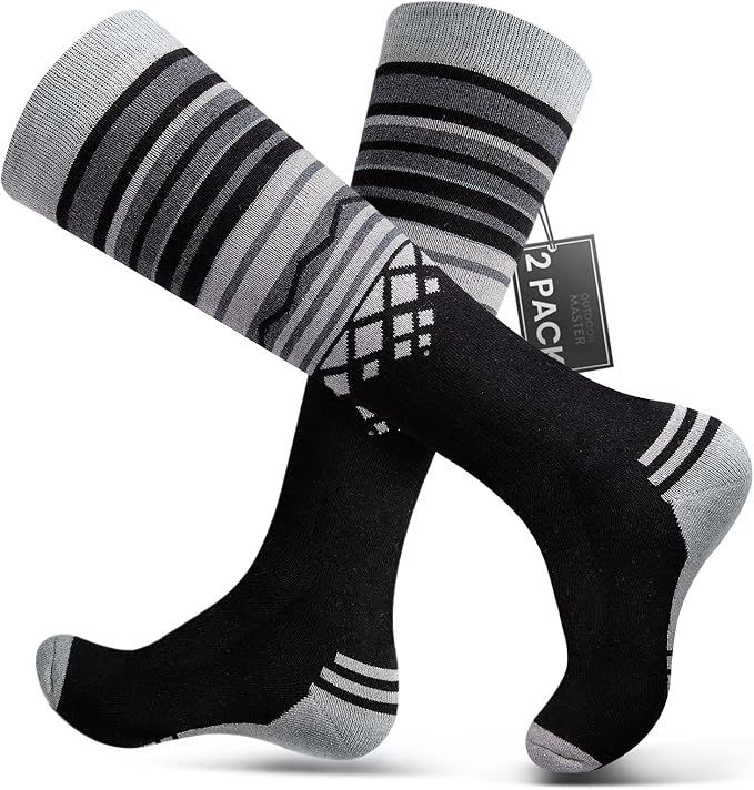 OutdoorMaster Ski Socks 2-Pack Merino Wool, Over The Calf Non-Slip Cuff for Men & Women-Black,Large - Image 1