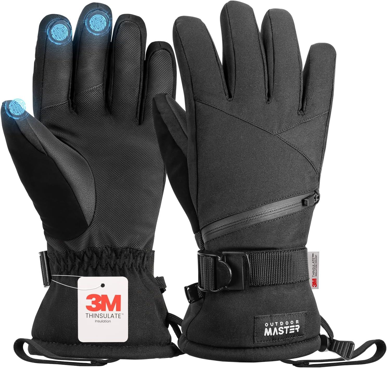 OutdoorMaster Ski Snow Gloves for Women & Men - 3M Thinsulate Waterproof Snowboard Winter Warm Windproof Snowmobile Gloves with Double-Pocket-Black,Medium - Image 1