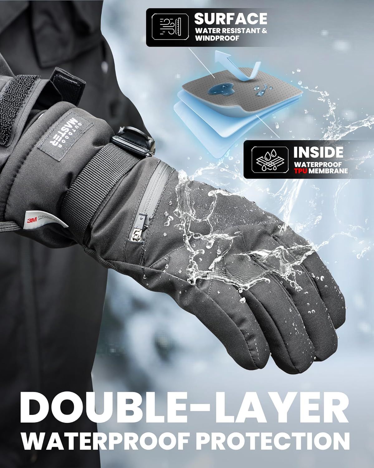 OutdoorMaster Ski Snow Gloves for Women & Men - 3M Thinsulate Waterproof Snowboard Winter Warm Windproof Snowmobile Gloves with Double-Pocket-Black,Medium - Image 3
