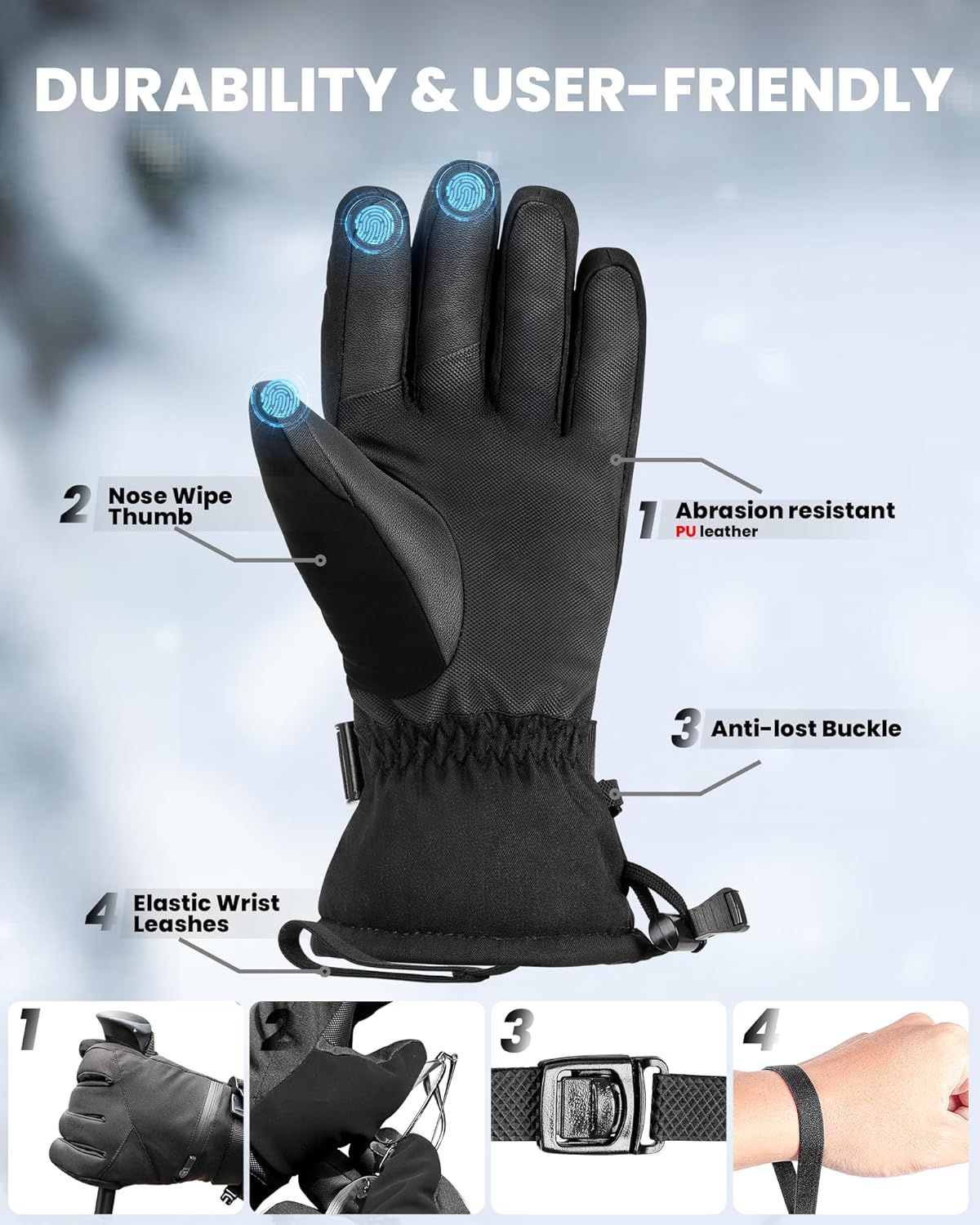 OutdoorMaster Ski Snow Gloves for Women & Men - 3M Thinsulate Waterproof Snowboard Winter Warm Windproof Snowmobile Gloves with Double-Pocket-Black,Medium - Image 5