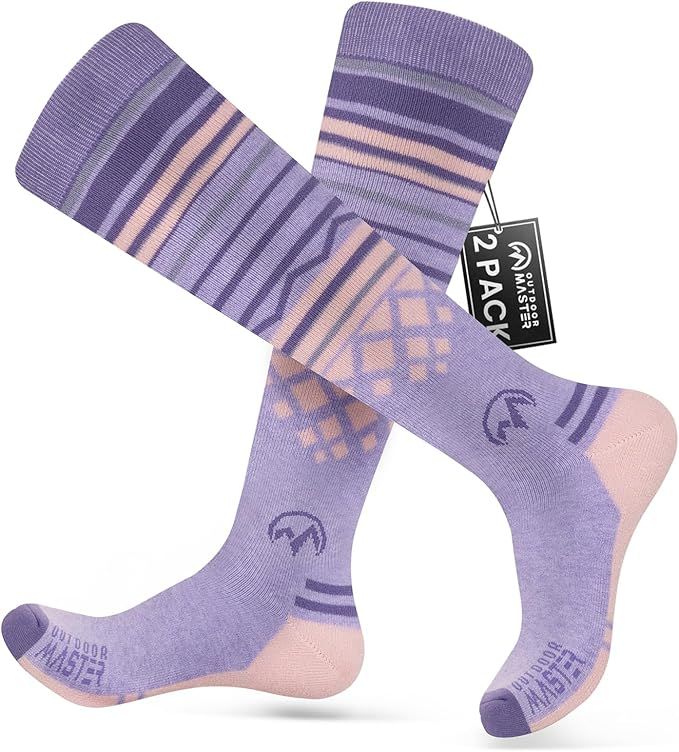 OutdoorMaster Ski Socks 2-Pack Merino Wool, Over The Calf Non-Slip Cuff for Men & Women-Purple Pink,Medium - Image 1