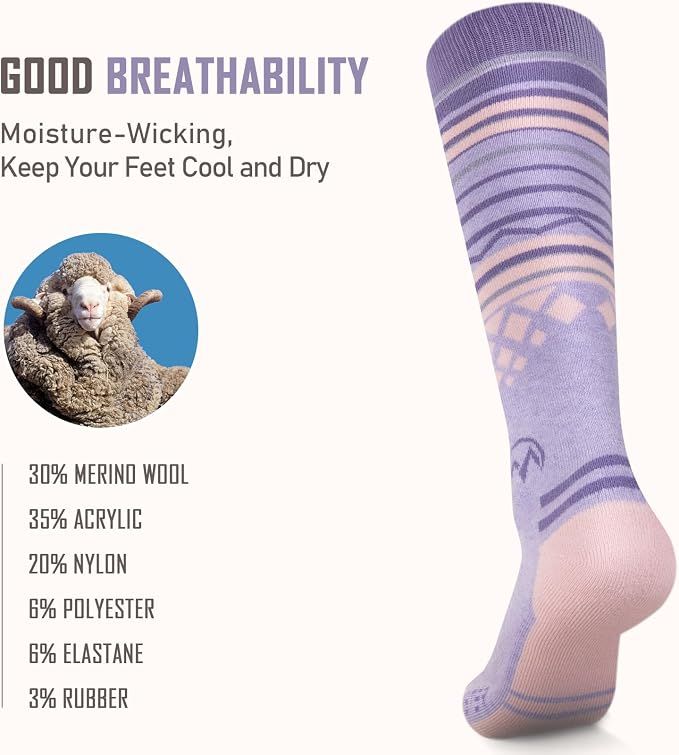 OutdoorMaster Ski Socks 2-Pack Merino Wool, Over The Calf Non-Slip Cuff for Men & Women-Purple Pink,Medium - Image 3