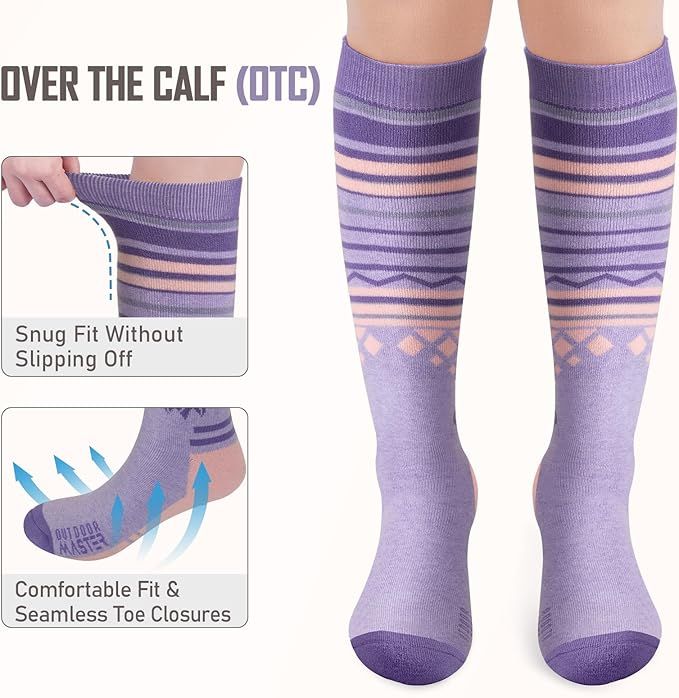 OutdoorMaster Ski Socks 2-Pack Merino Wool, Over The Calf Non-Slip Cuff for Men & Women-Purple Pink,Medium - Image 6