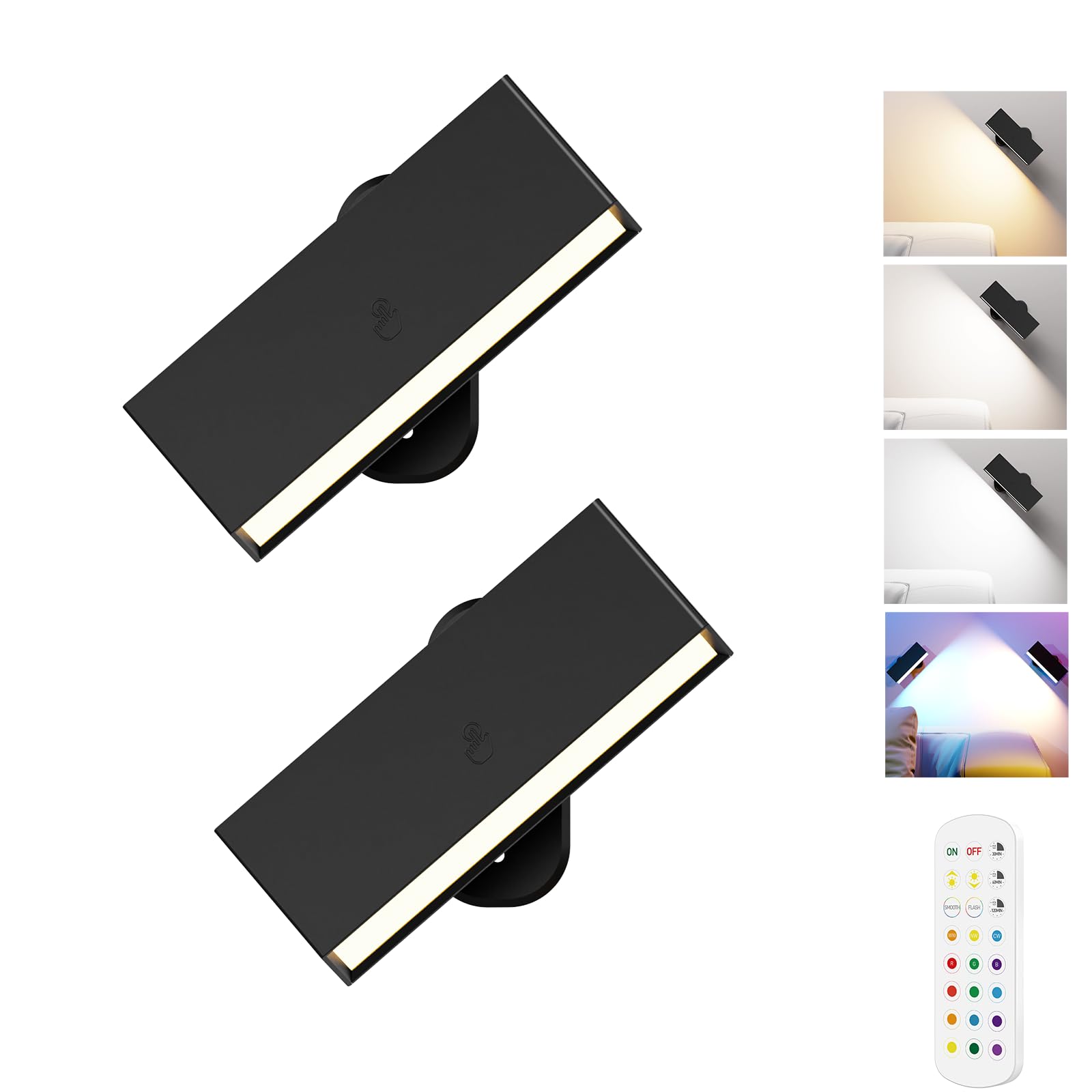 LED Wall Lights 2 Pack with Remote,Wall Sconces Lamp 3000mAh Rechargeable Battery Operated,3 Color Temperatures & 12 RGB Dimmable Magnetic 360° Rotation Cordless Light (Black) - Image 1