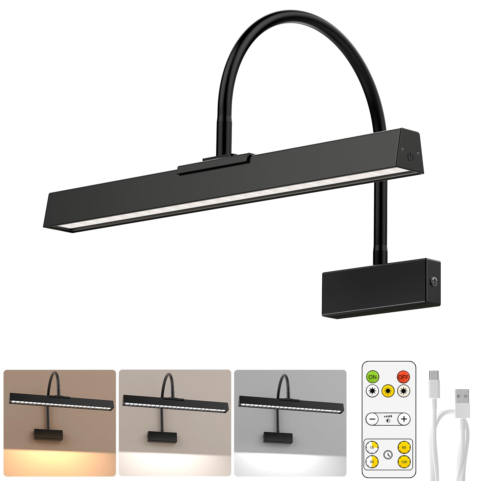 Picture Frame Light with Remote, Wireless 16 Inch Black Art Light, Battery Operated Picture Light with 3 CCT, Dimmable and Timer Wall Picture Lights for Painting, Wall, Gallery, Artwork, Frame - Image 1