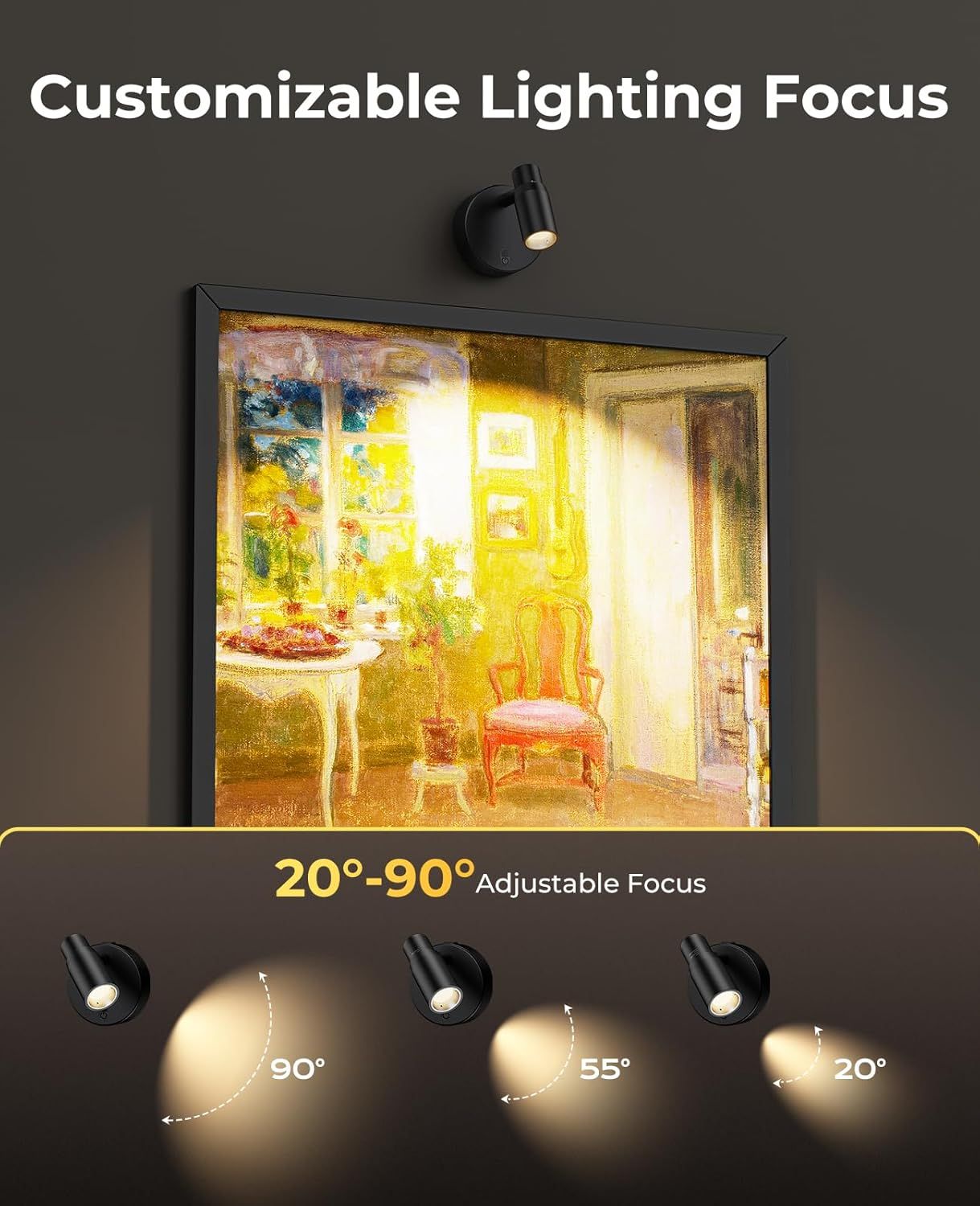 Zoomable Spot Lights Indoor, Rechargeable Picture Light with Remote, Dimmable CCT Spotlight for Wall Art, 6000mAh Uplights with Timer for Plant Artwork Painting Sofa Corner Black 2Pack - Image 2