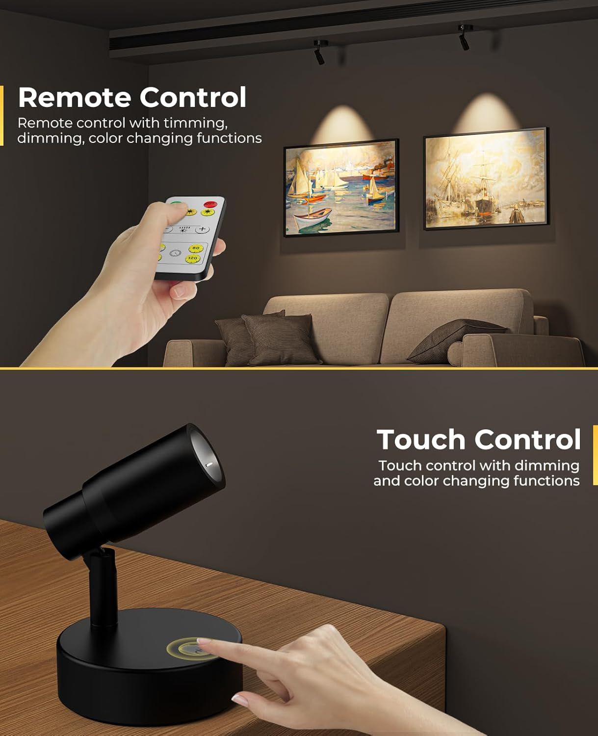 Zoomable Spot Lights Indoor, Rechargeable Picture Light with Remote, Dimmable CCT Spotlight for Wall Art, 6000mAh Uplights with Timer for Plant Artwork Painting Sofa Corner Black 2Pack - Image 6