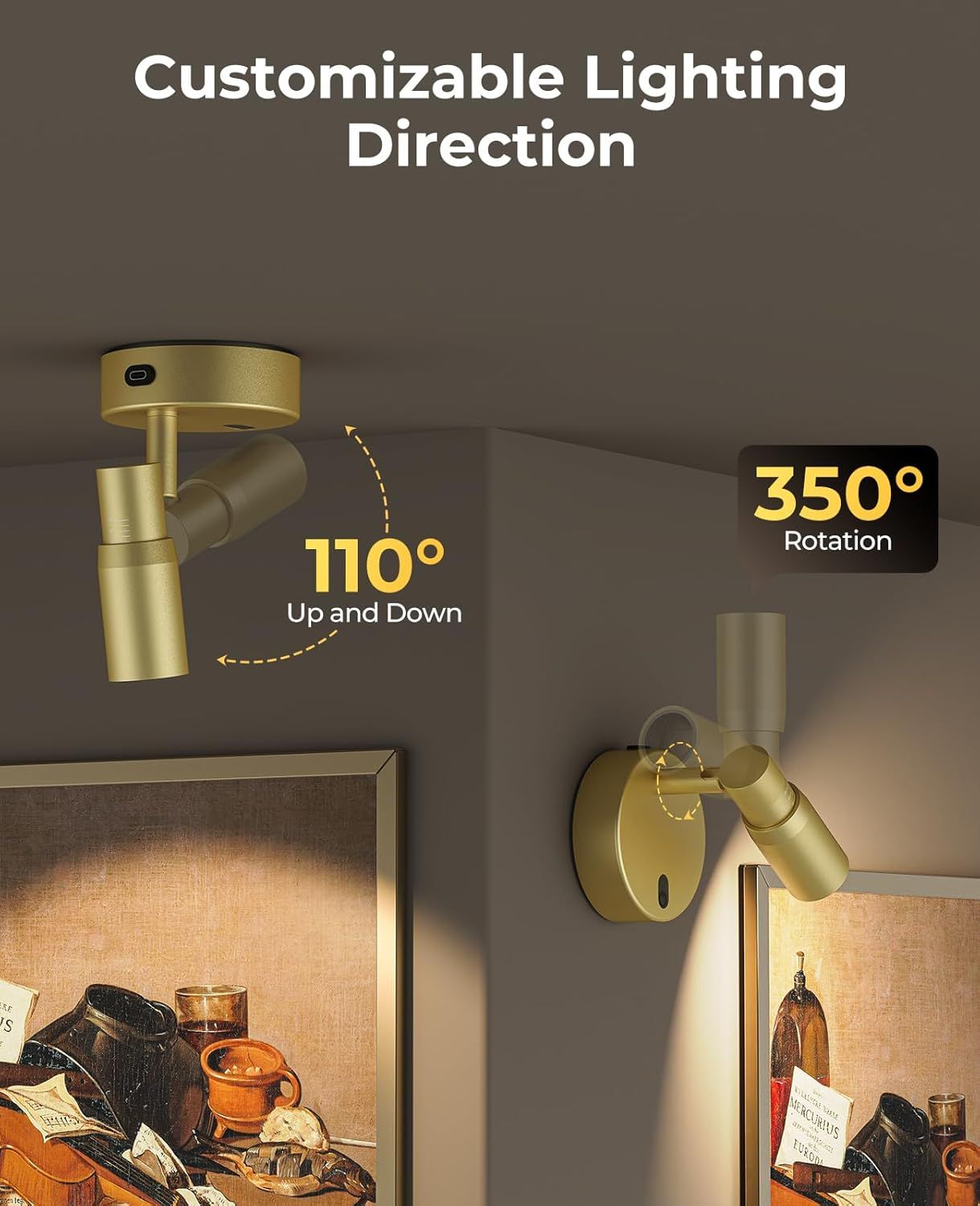 Spot Lights Indoor, Rechargeable Picture Light with Remote, Dimmable CCT Spotlight for Wall Art, 6000mAh Battery Uplights Indoor with Timer for Plant Artwork Painting Sofa Corner Light Gold - Image 5