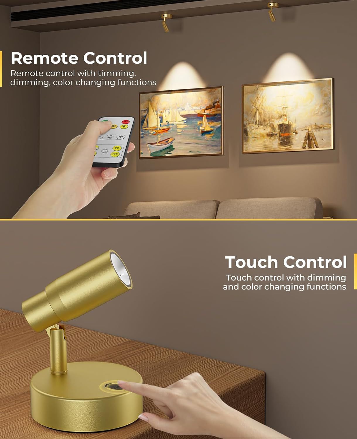 Spot Lights Indoor, Rechargeable Picture Light with Remote, Dimmable CCT Spotlight for Wall Art, 6000mAh Battery Uplights Indoor with Timer for Plant Artwork Painting Sofa Corner Light Gold - Image 6