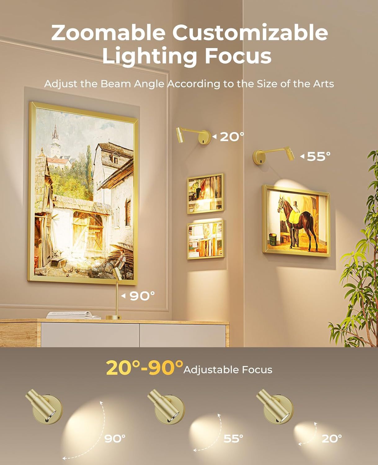 Zoomable Picture Light for Wall, Battery Operated Art Light for Paintings CCT Dimmable Spotlight for Wall Art Wall Light with Remote Control for Living Room Gallery Dartboard Bathroom Light Gold - Image 2