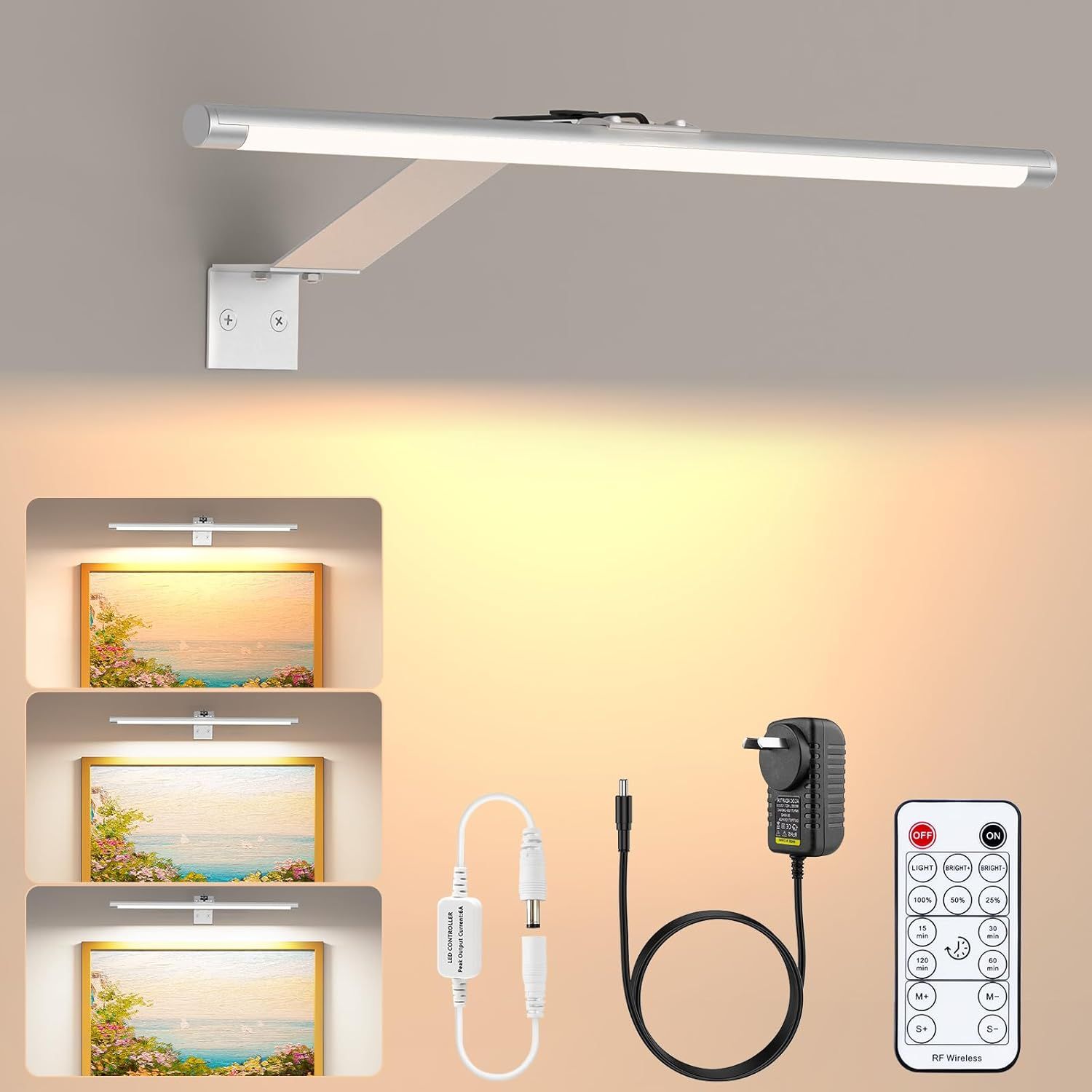 Picture Lights for Wall Plug in or Hardwired,3000K Warm White Dart Board Lights with Remote,13.5inches Silver LED Art Light Dimmbare mit Timer for Gallery Paintings Picture Dartboard - Image 1