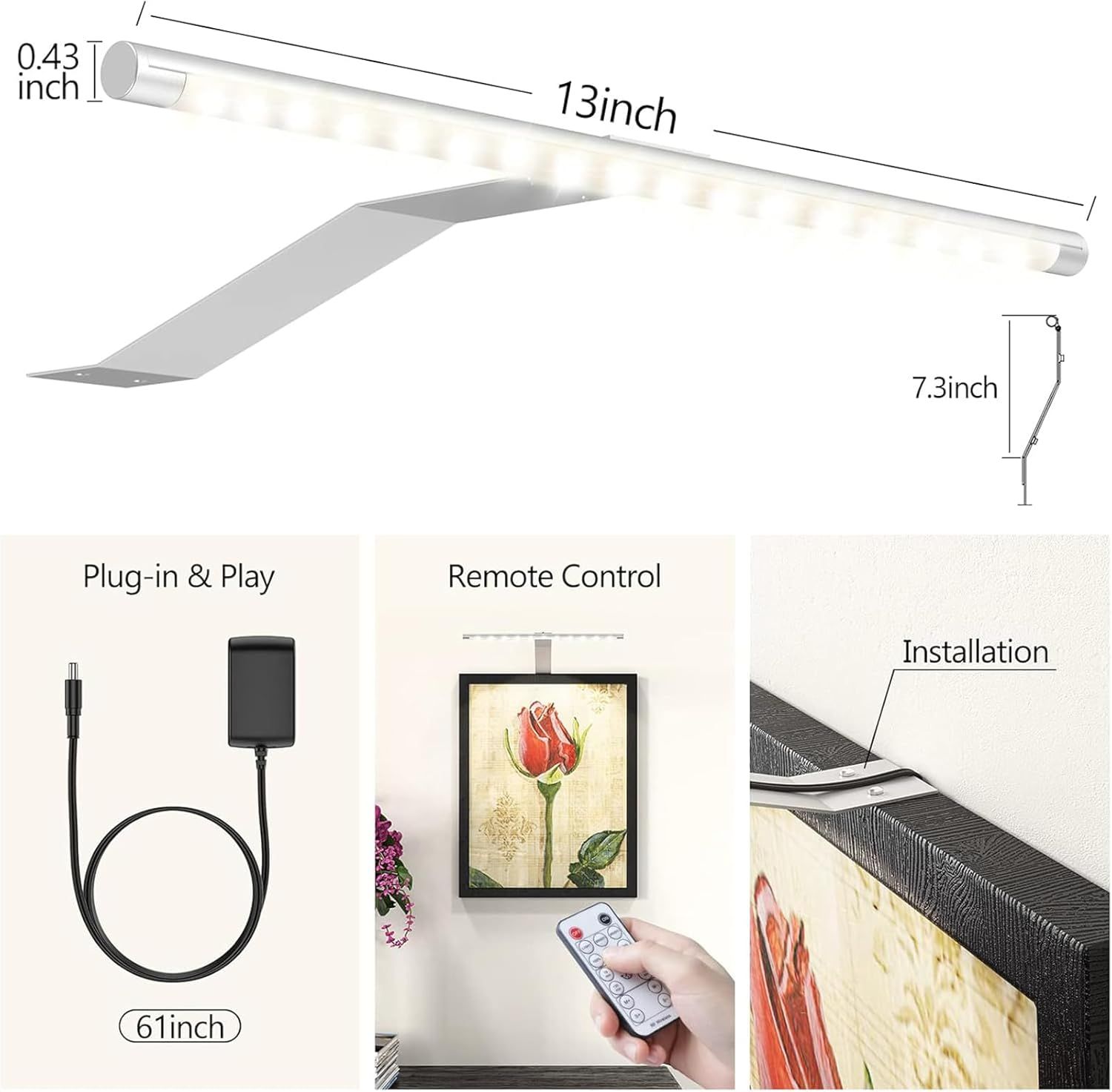 Picture Lights for Wall Plug in or Hardwired,3000K Warm White Dart Board Lights with Remote,13.5inches Silver LED Art Light Dimmbare mit Timer for Gallery Paintings Picture Dartboard - Image 6