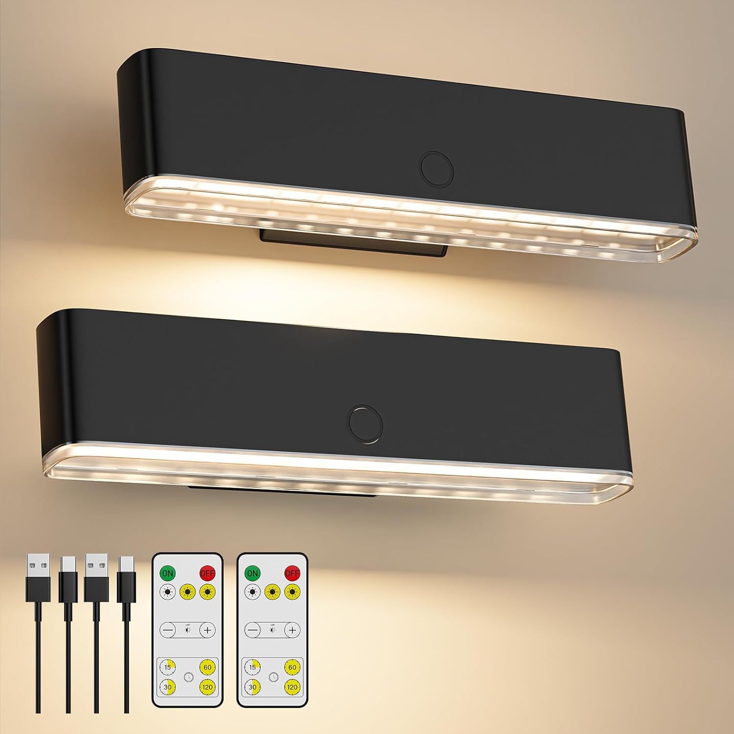 Battery Operated Wall Sconce Set of 2 Wireless Wall Lamp with Remote Control & Touch Control Rechargeable LED Wall Lights 3 Color Temperatures 360° Rotatable for Bedroom Living Room Black - Image 1