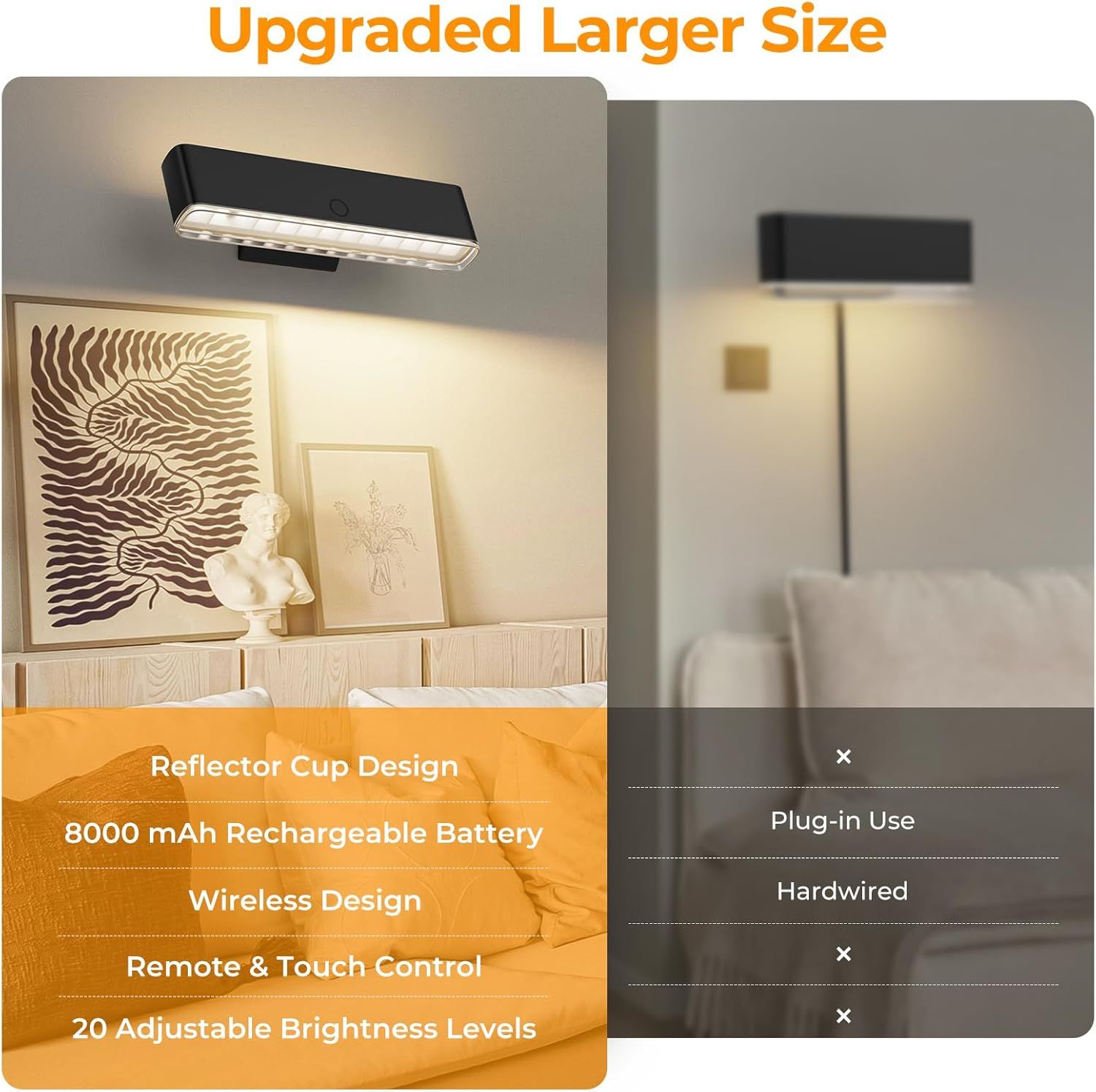 Battery Operated Wall Sconce Set of 2 Wireless Wall Lamp with Remote Control & Touch Control Rechargeable LED Wall Lights 3 Color Temperatures 360° Rotatable for Bedroom Living Room Black - Image 3