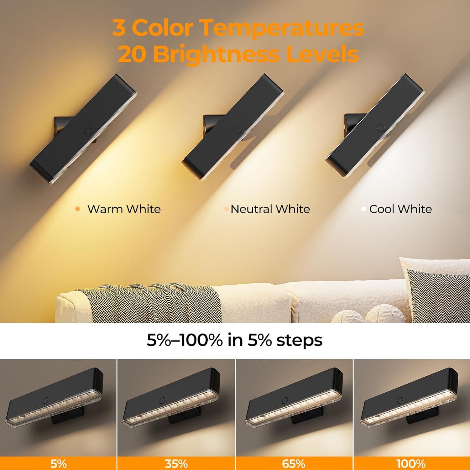 Battery Operated Wall Sconce Set of 2 Wireless Wall Lamp with Remote Control & Touch Control Rechargeable LED Wall Lights 3 Color Temperatures 360° Rotatable for Bedroom Living Room Black - Image 6