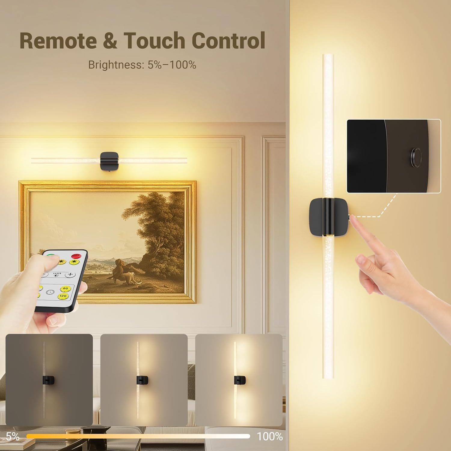Black Battery Operated Wall Sconce Set of 2, Rechargeable Wireless Wall Lights with Remote and Touch, 360° Rotatable Sconces Wall Decor for Bedroom Living Room (23.62 Inch, 2-Pack) - Image 4