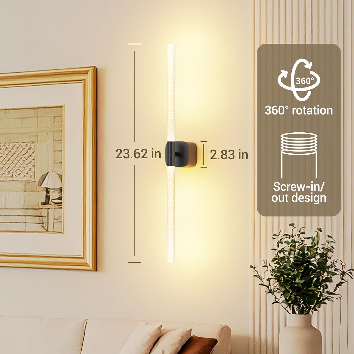 Black Battery Operated Wall Sconce Set of 2, Rechargeable Wireless Wall Lights with Remote and Touch, 360° Rotatable Sconces Wall Decor for Bedroom Living Room (23.62 Inch, 2-Pack) - Image 5