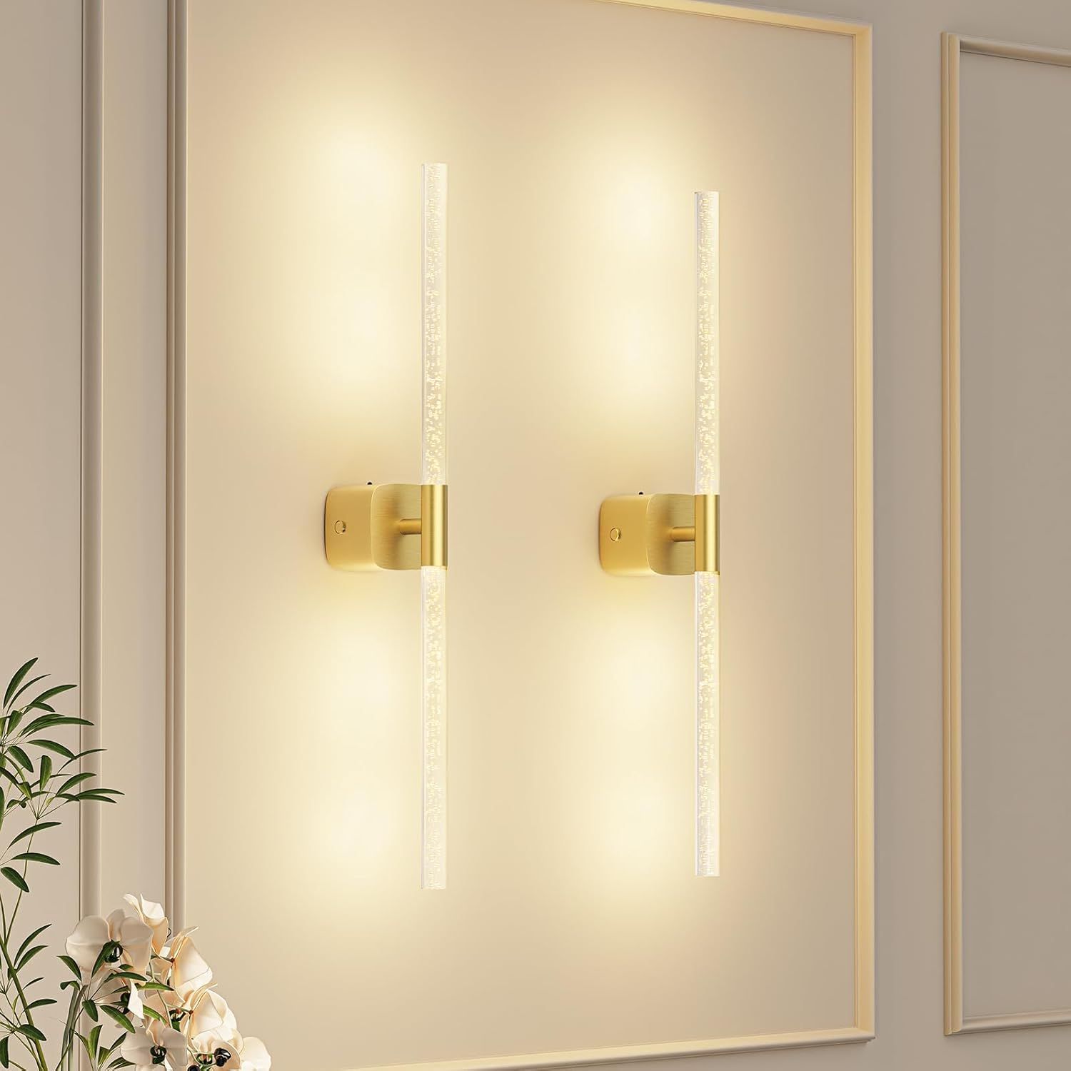 Gold Battery Operated Wall Sconce Set of 2, Rechargeable Wireless Wall Lights with Remote and Touch, 360° Rotatable Sconces Wall Decor for Bedroom Living Room (23.62 Inch, 2-Pack) - Image 1