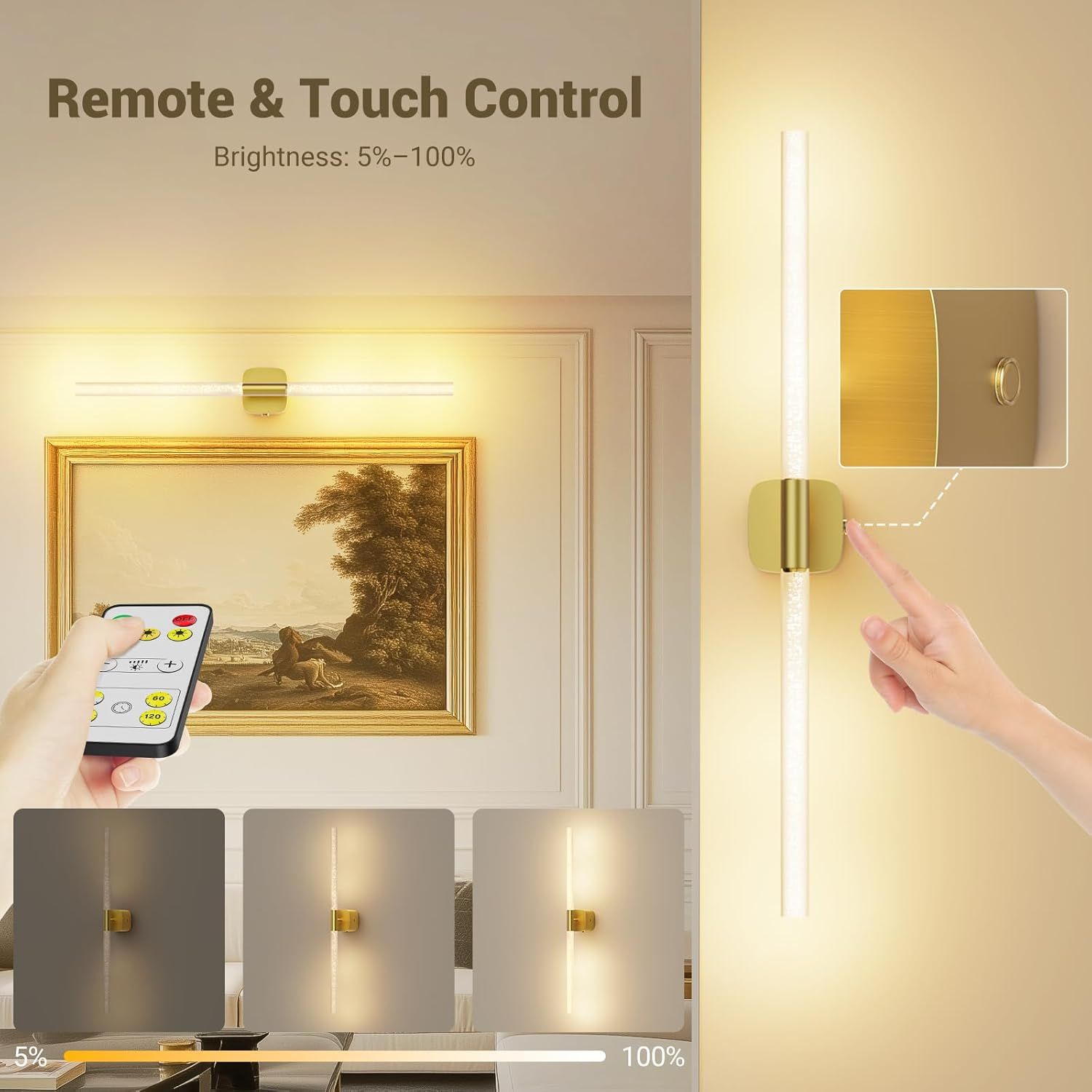 Gold Battery Operated Wall Sconce Set of 2, Rechargeable Wireless Wall Lights with Remote and Touch, 360° Rotatable Sconces Wall Decor for Bedroom Living Room (23.62 Inch, 2-Pack) - Image 4