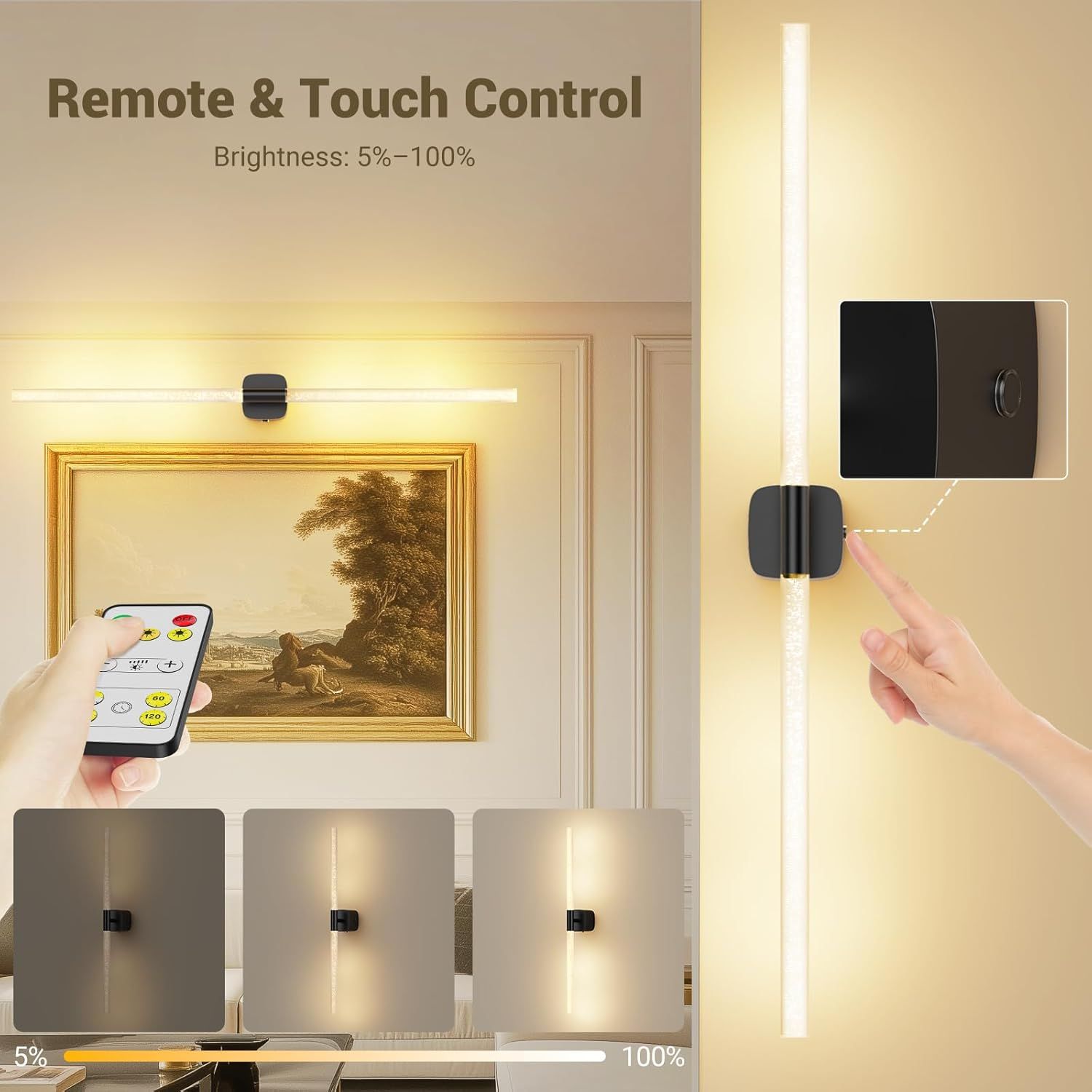 Black Battery Operated Wall Sconce Set of 2, Rechargeable Wireless Wall Lights with Remote and Touch, 360° Rotatable Sconces Wall Decor for Bedroom Living Room (31.49 Inch, 2-Pack) - Image 4