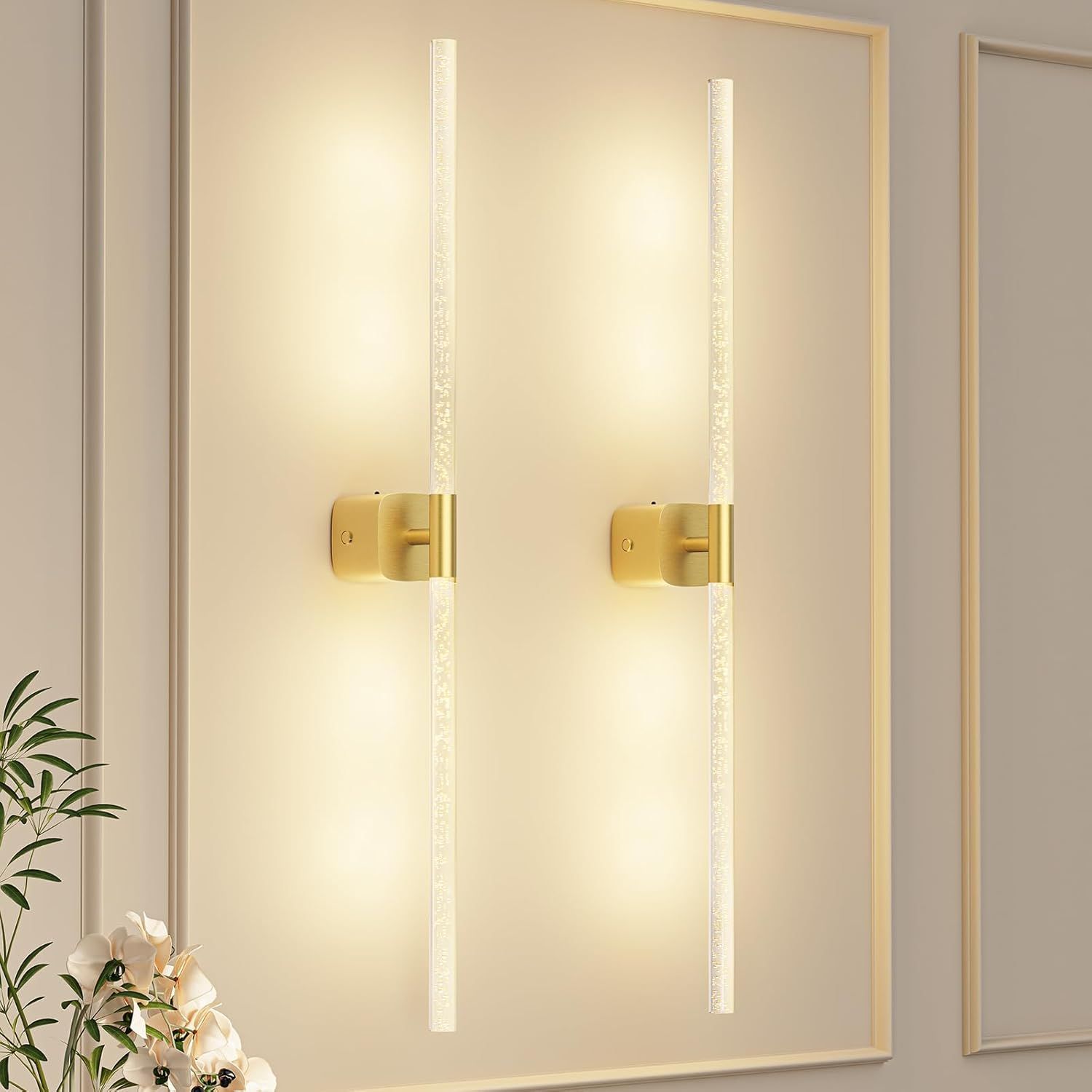 Gold Battery Operated Wall Sconce Set of 2, Rechargeable Wireless Wall Lights with Remote and Touch, 360° Rotatable Sconces Wall Decor for Bedroom Living Room (31.49 Inch, 2-Pack) - Image 1