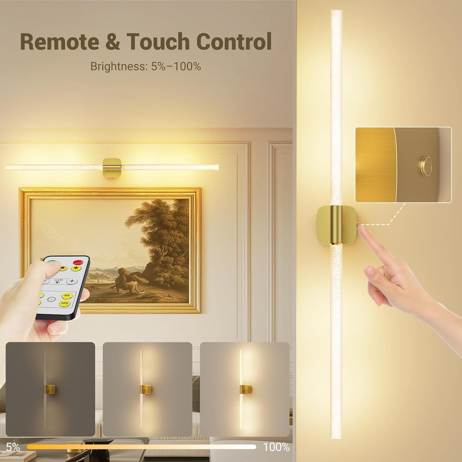 Gold Battery Operated Wall Sconce Set of 2, Rechargeable Wireless Wall Lights with Remote and Touch, 360° Rotatable Sconces Wall Decor for Bedroom Living Room (31.49 Inch, 2-Pack) - Image 4