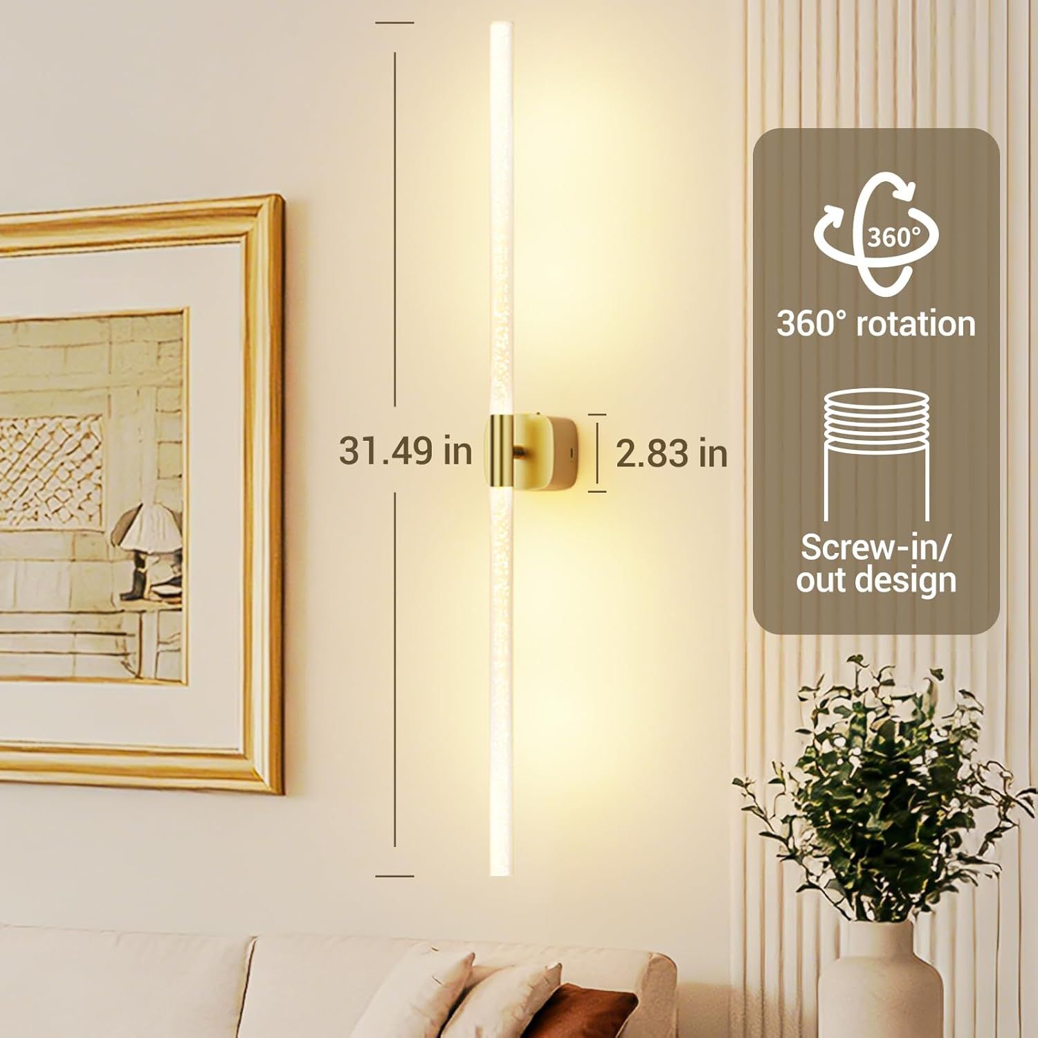 Gold Battery Operated Wall Sconce Set of 2, Rechargeable Wireless Wall Lights with Remote and Touch, 360° Rotatable Sconces Wall Decor for Bedroom Living Room (31.49 Inch, 2-Pack) - Image 6