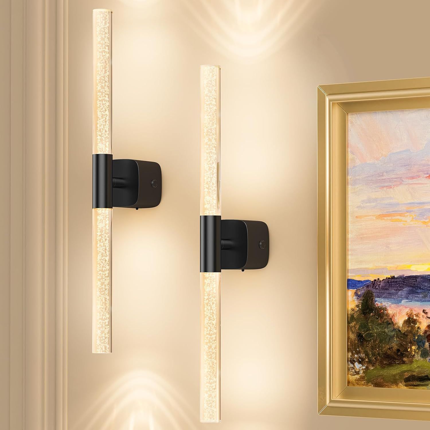 Battery Operated Wall Sconce Set of 2 Black Rechargeable Acrylic Crystal Sconce Wall Decor Set of 2 with 12000mAh CCT Dimmable 350° Rotate Remote Wireless Wall Light for Bedroom Living Room - Image 1