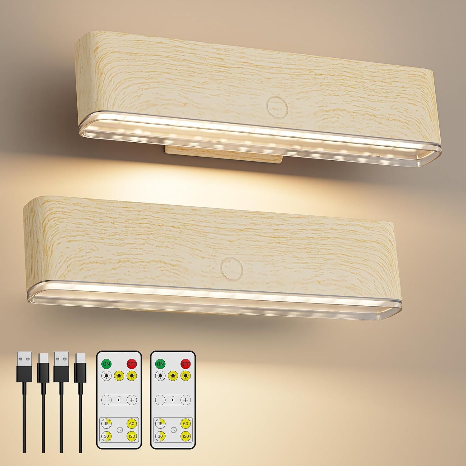 Magnetic Wireless Battery Operated Wall Sconce, Rechargeable Remote Control & Touch Control Wall Sconces Set of Two, 3-Color Temperatures LED Wall Lights, 360° Rotatable (Beech, 2-Pack) - Image 1