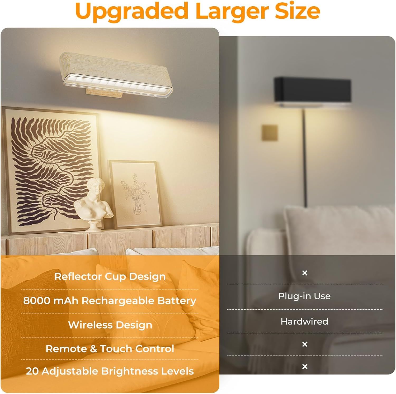 Magnetic Wireless Battery Operated Wall Sconce, Rechargeable Remote Control & Touch Control Wall Sconces Set of Two, 3-Color Temperatures LED Wall Lights, 360° Rotatable (Beech, 2-Pack) - Image 4