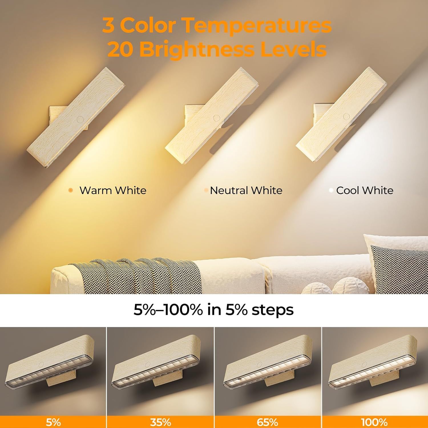 Magnetic Wireless Battery Operated Wall Sconce, Rechargeable Remote Control & Touch Control Wall Sconces Set of Two, 3-Color Temperatures LED Wall Lights, 360° Rotatable (Beech, 2-Pack) - Image 6