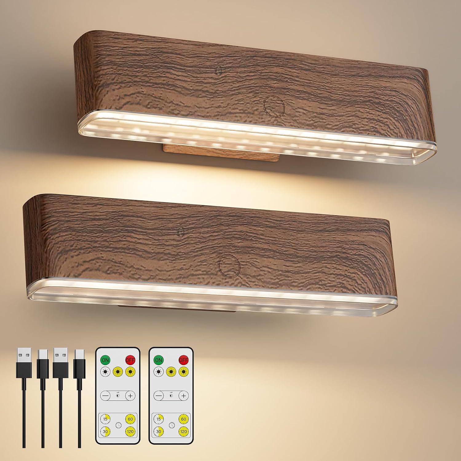 Magnetic Wireless Battery Operated Wall Sconce, Rechargeable Remote Control & Touch Control Wall Sconces Set of Two, 3-Color Temperatures LED Wall Lights, 360° Rotatable (Walnut, 2-Pack) - Image 1