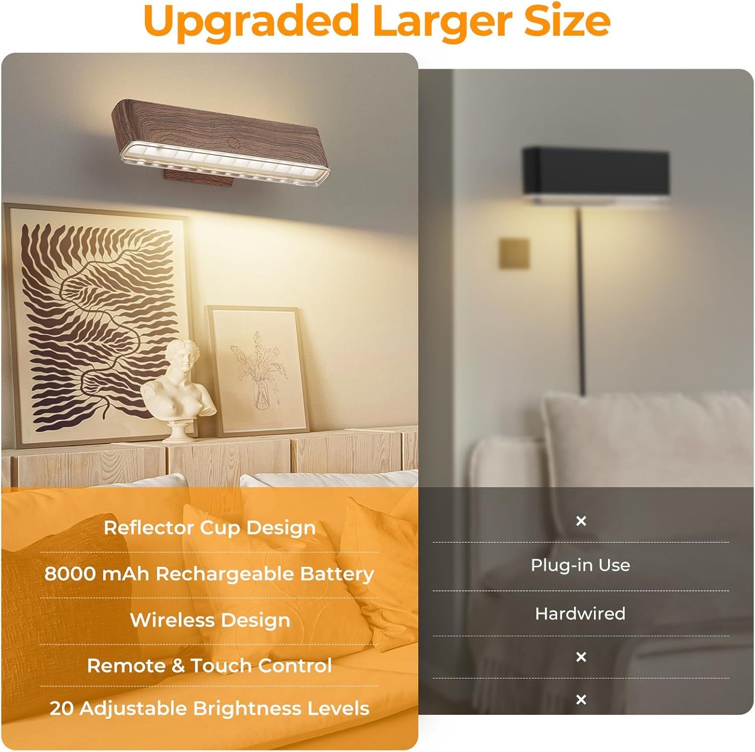 Magnetic Wireless Battery Operated Wall Sconce, Rechargeable Remote Control & Touch Control Wall Sconces Set of Two, 3-Color Temperatures LED Wall Lights, 360° Rotatable (Walnut, 2-Pack) - Image 3
