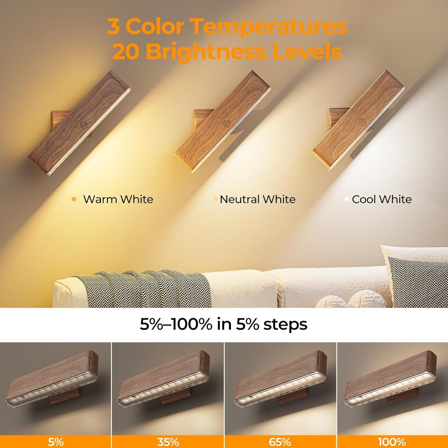 Magnetic Wireless Battery Operated Wall Sconce, Rechargeable Remote Control & Touch Control Wall Sconces Set of Two, 3-Color Temperatures LED Wall Lights, 360° Rotatable (Walnut, 2-Pack) - Image 5