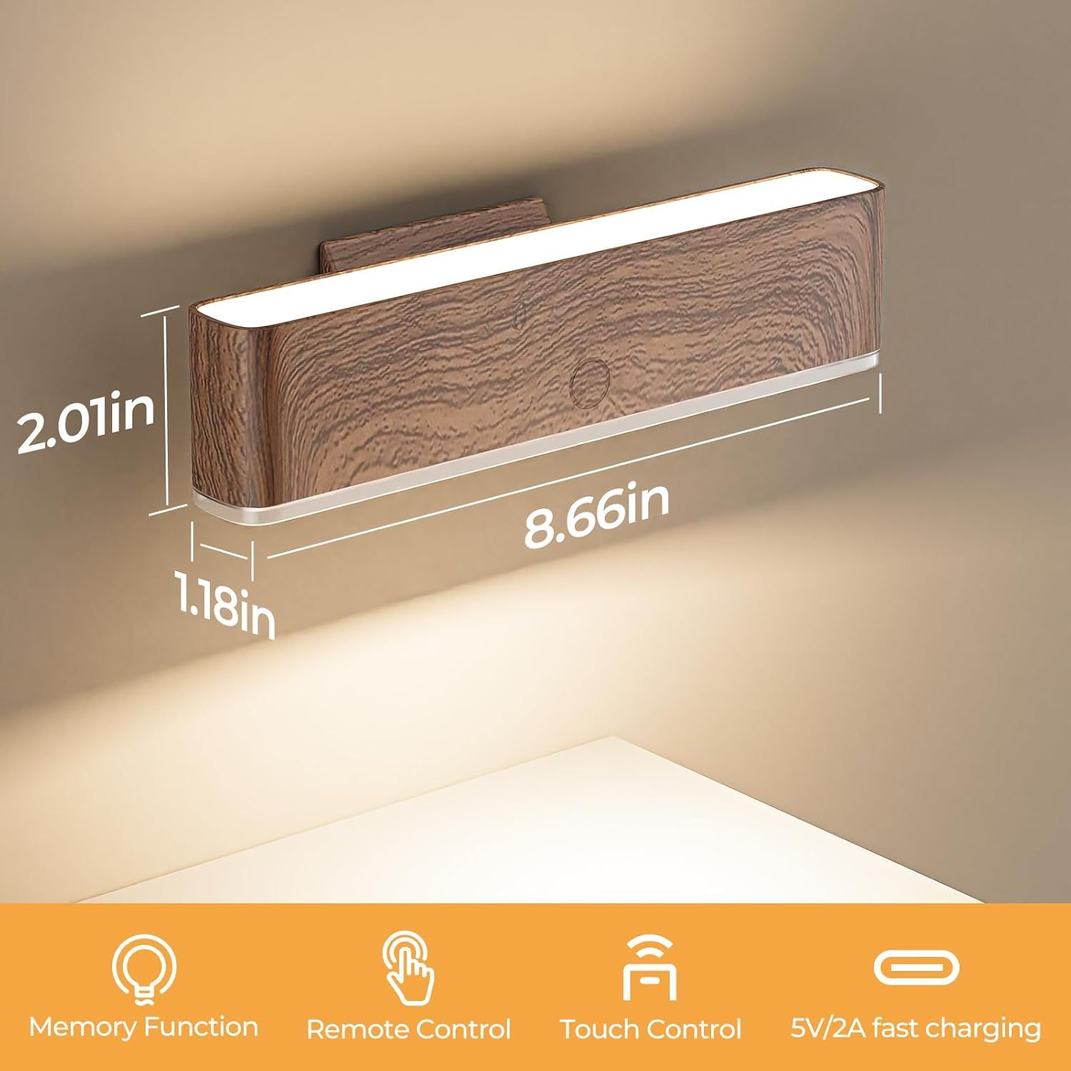 Magnetic Wireless Battery Operated Wall Sconce, Rechargeable Remote Control & Touch Control Wall Sconces Set of Two, 3-Color Temperatures LED Wall Lights, 360° Rotatable (Walnut, 2-Pack) - Image 7