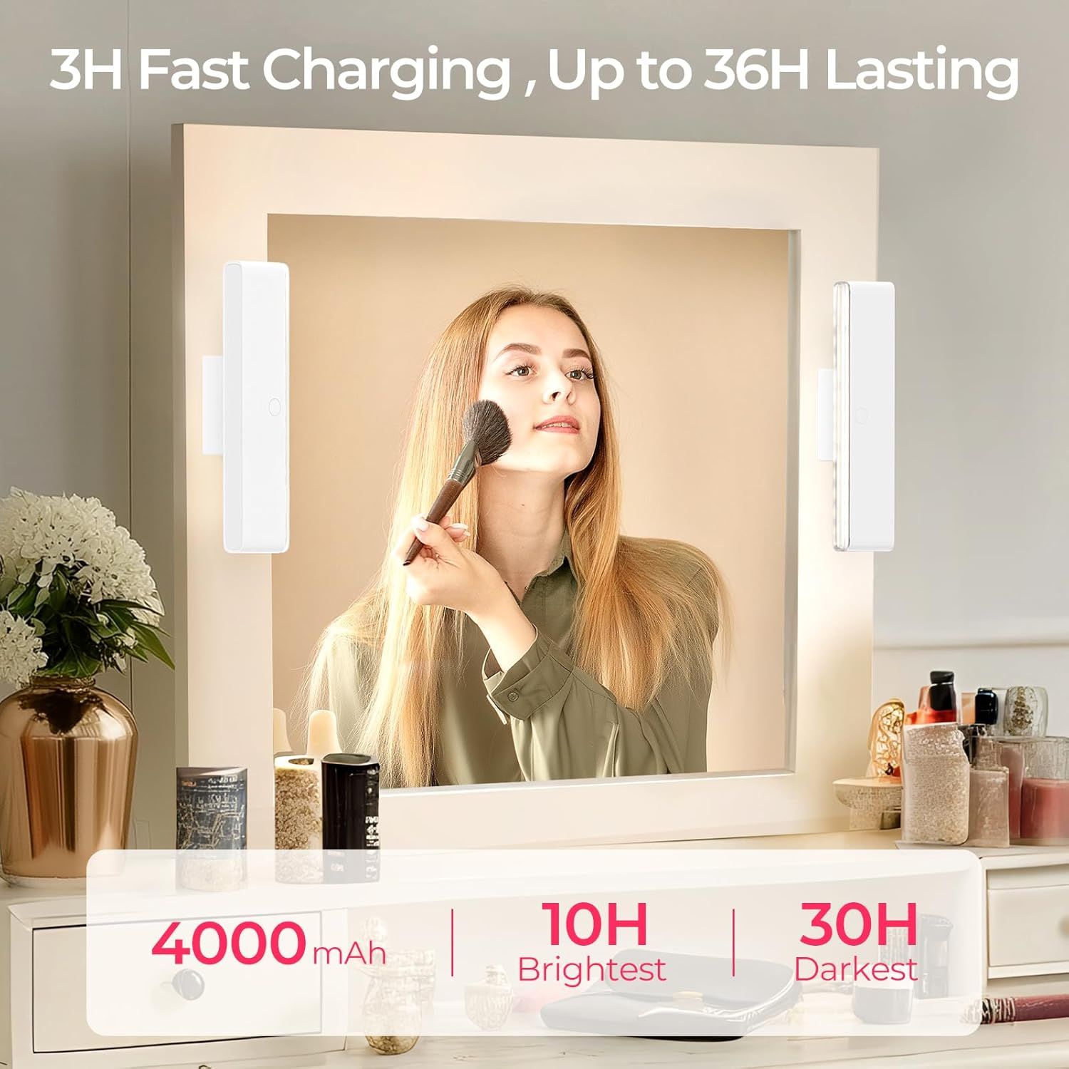 Wireless Vanity Lights for Mirror Set of 2-4000mAh Rechargeable Stick On Makeup Light with CCT Modes & Dimmable Brightness, Cordless Light for Mirror, Vanity, Bathroom, Renter Friendly - Image 2